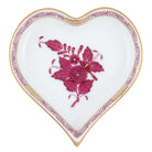 Hand-painted Herend Chinese Bouquet Raspberry Small Heart Tray Decorative Plate in fine porcelain, 4in L X 4in W, on a white background