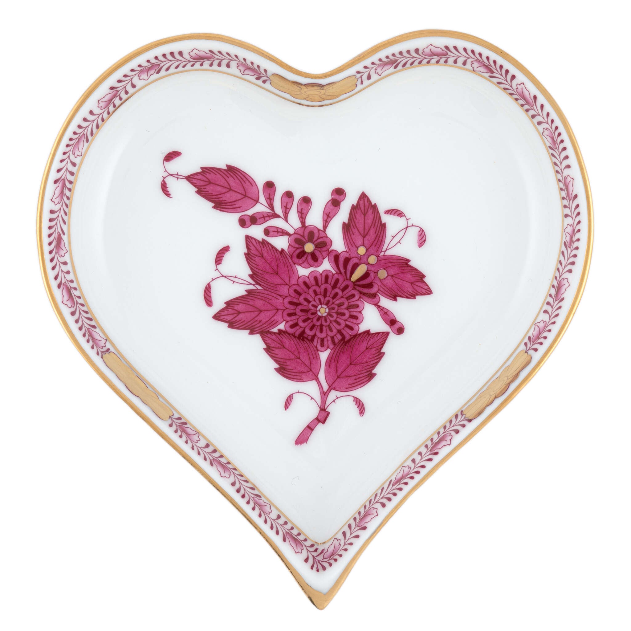 Hand-painted Herend Chinese Bouquet Raspberry Small Heart Tray Decorative Plate in fine porcelain, 4in L X 4in W, on a white background