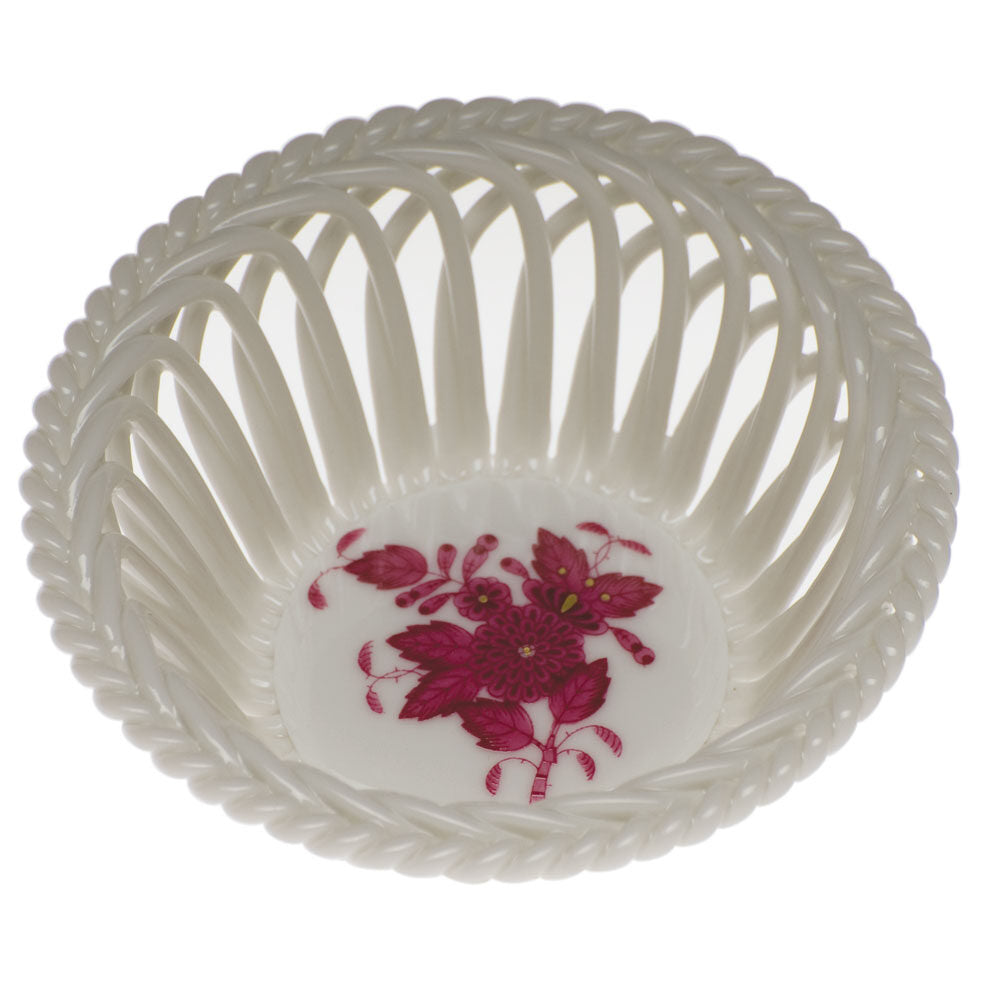 Hand-painted Herend Chinese Bouquet Raspberry Small Openwork Basket in fine porcelain, 3.75in D, on a white background