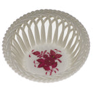 Hand-painted Herend Chinese Bouquet Raspberry Small Openwork Basket in fine porcelain, 3.75in D, on a white background