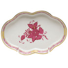 Hand-painted Herend Chinese Bouquet Raspberry Small Scalloped Tray Decorative Plate in fine porcelain, 5.5in L, on a white background