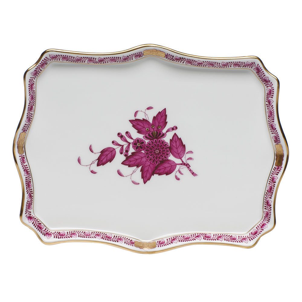 Hand-painted Herend Chinese Bouquet Raspberry Small Tray Decorative Plate in fine porcelain, 7.5in L X 5.5in W, on a white background