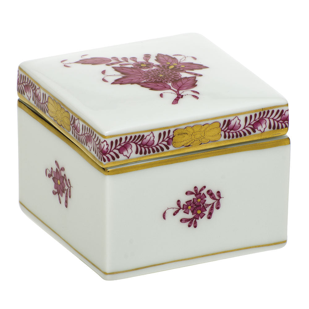 Hand-painted Herend Chinese Bouquet Raspberry Square Box in fine porcelain, 2.25in L X 2.25in W X 2in H, on a white background
