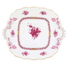 Hand-painted Herend Chinese Bouquet Raspberry Square Cake Plate with Handles in fine porcelain, 9.5in SQ, on a white background
