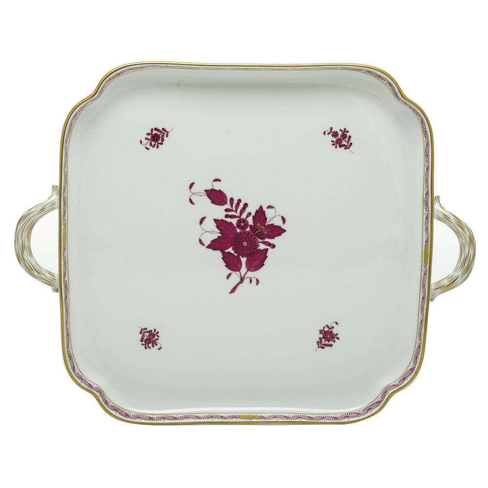 Hand-painted Herend Chinese Bouquet Raspberry Square Tray with Handles in fine porcelain, 12.75in L X 12.75in W, on a white background