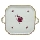 Hand-painted Herend Chinese Bouquet Raspberry Square Tray with Handles in fine porcelain, 12.75in L X 12.75in W, on a white background