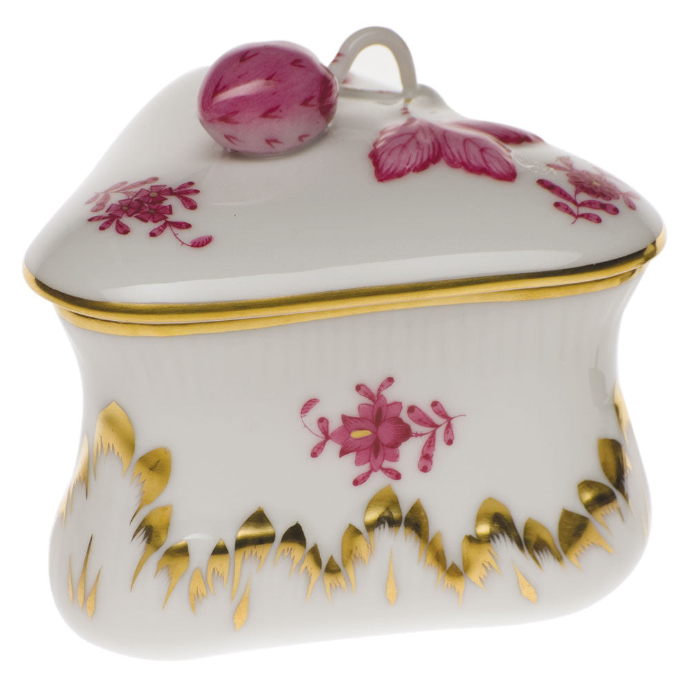 Hand-painted Herend Chinese Bouquet Raspberry Strawberry Bonbon Candy Dish in fine porcelain, 3in L X 3in H, on a white background