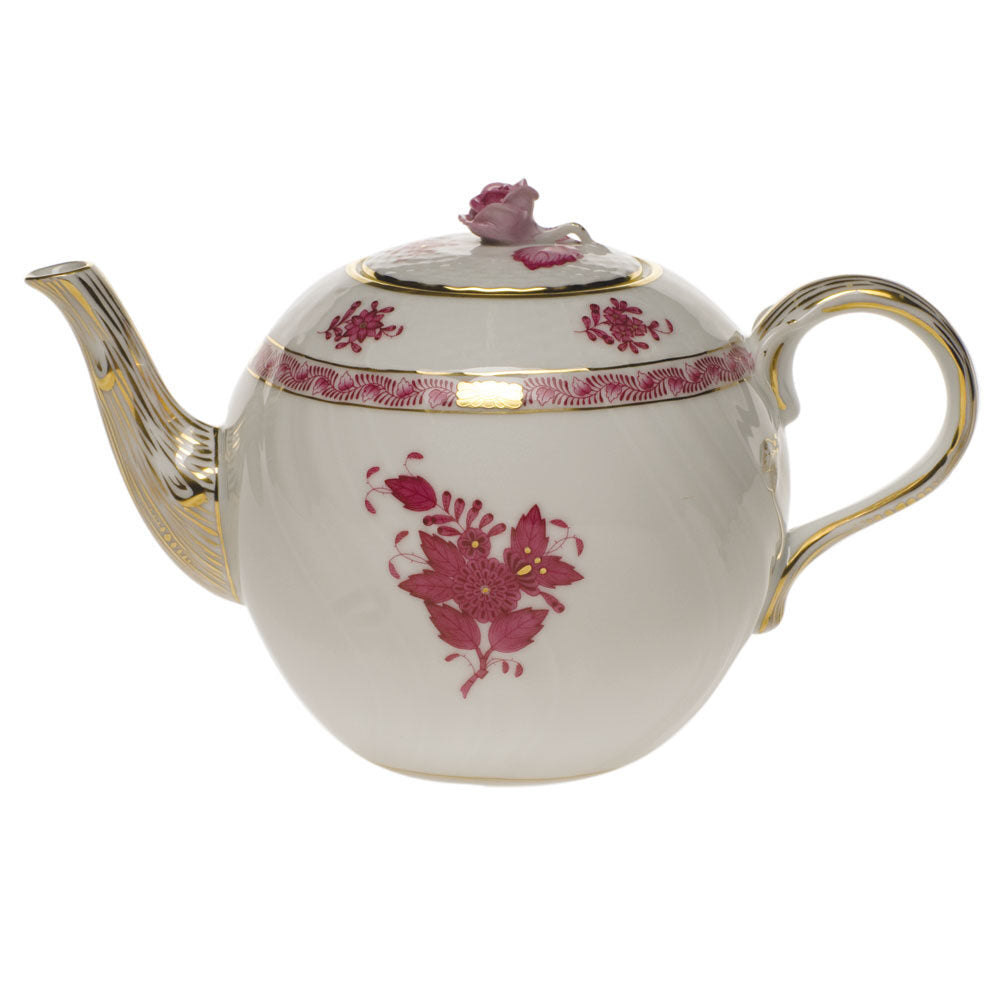 Hand-painted Herend Chinese Bouquet Raspberry Tea Pot with Rose Teapot in fine porcelain, (36 OZ) 5.5in H, on a white background