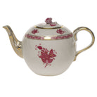 Hand-painted Herend Chinese Bouquet Raspberry Tea Pot with Rose Teapot in fine porcelain, (36 OZ) 5.5in H, on a white background