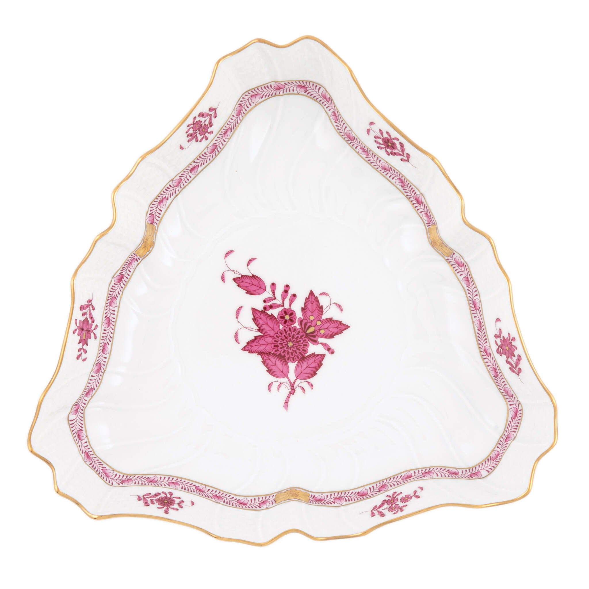 Hand-painted Herend Chinese Bouquet Raspberry Triangle Dish in fine porcelain, 9.5in L, on a white background