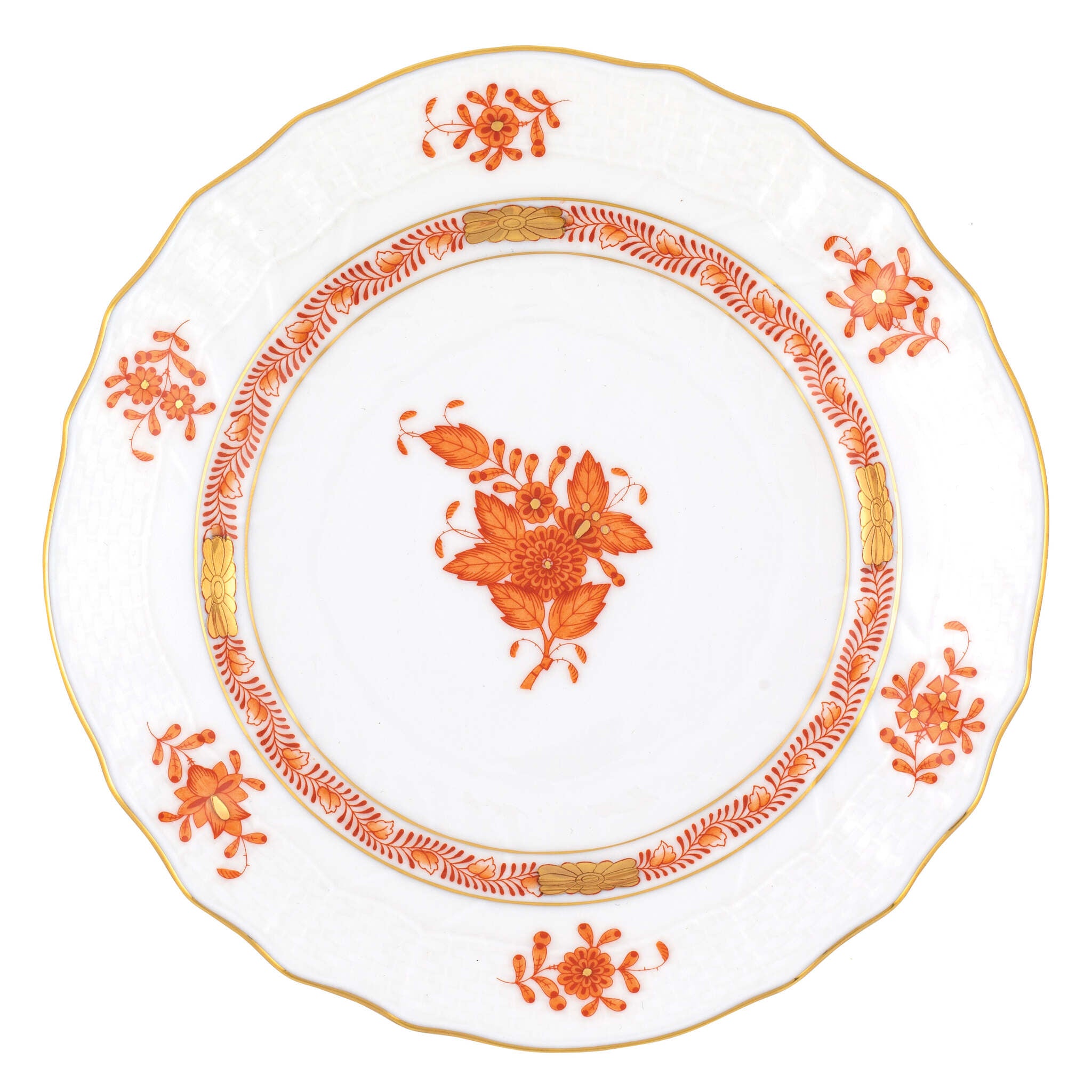 Hand-painted Herend Chinese Bouquet Rust Bread and Butter Plate in fine porcelain, 6in D, on a white background