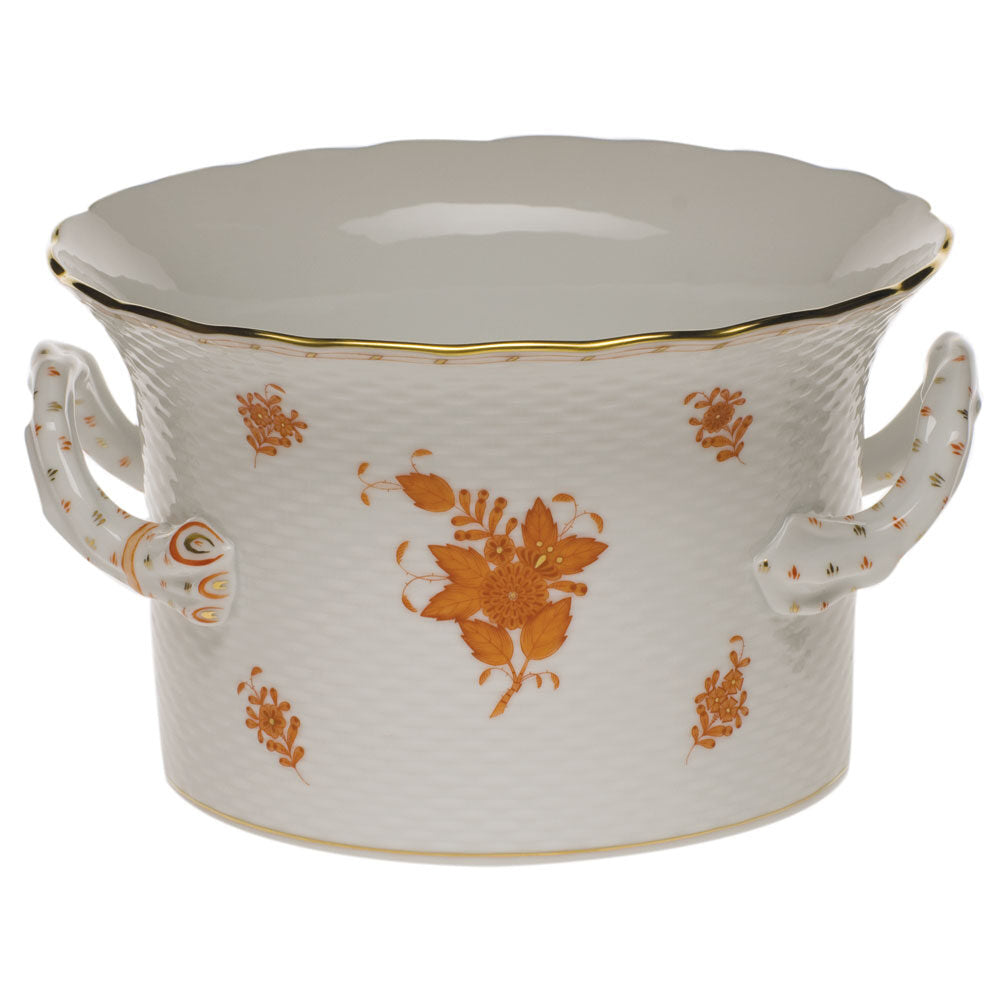Hand-painted Herend Chinese Bouquet Rust Cachepot with Handles in fine porcelain, 6.25in H X 10.25in D, on a white background