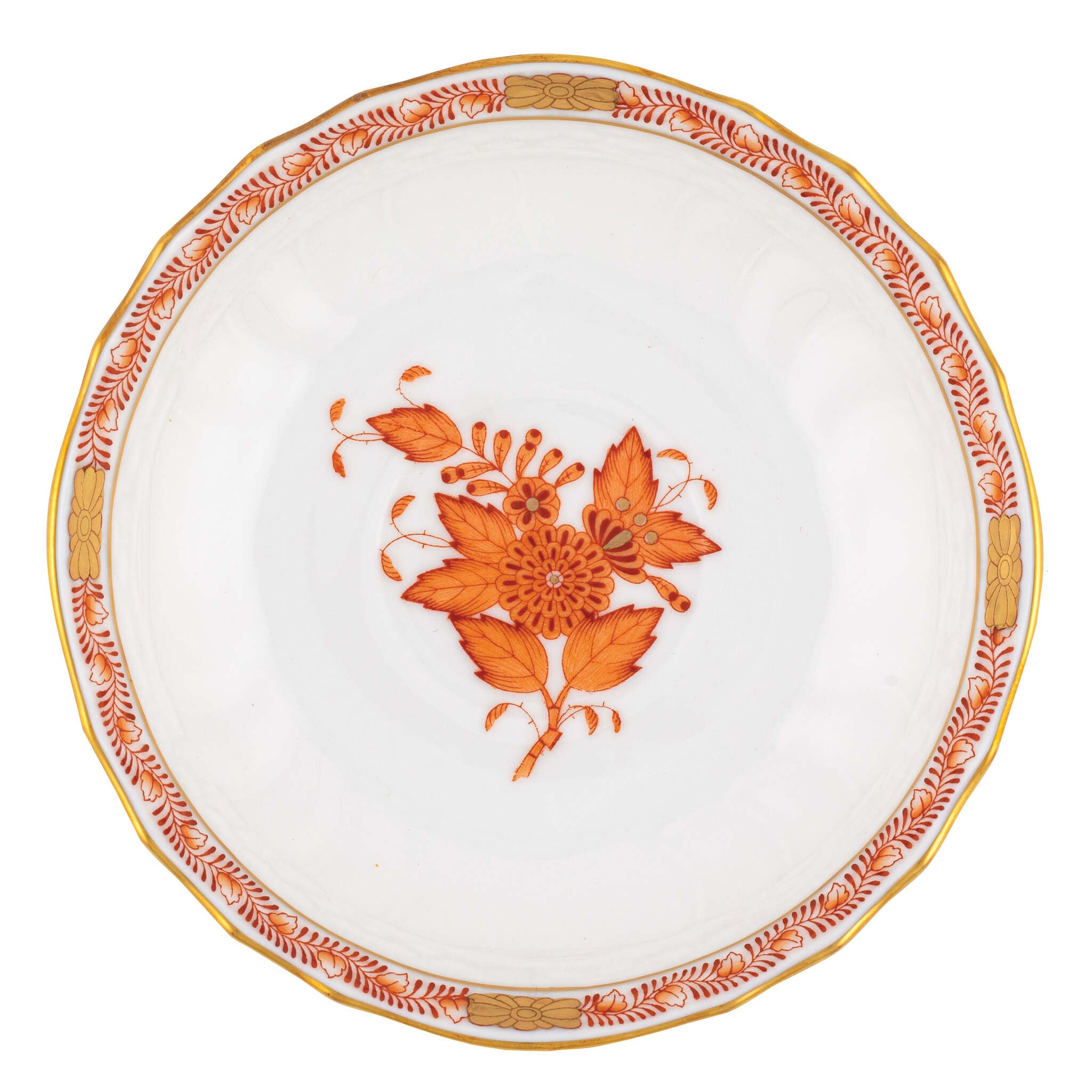 Hand-painted Herend Chinese Bouquet Rust Canton Saucer in fine porcelain, 5.5in D, on a white background
