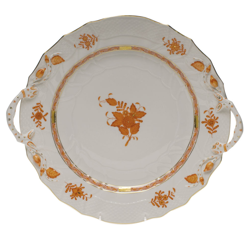 Hand-painted Herend Chinese Bouquet Rust Chop Plate with Handles in fine porcelain, 12in D, on a white background