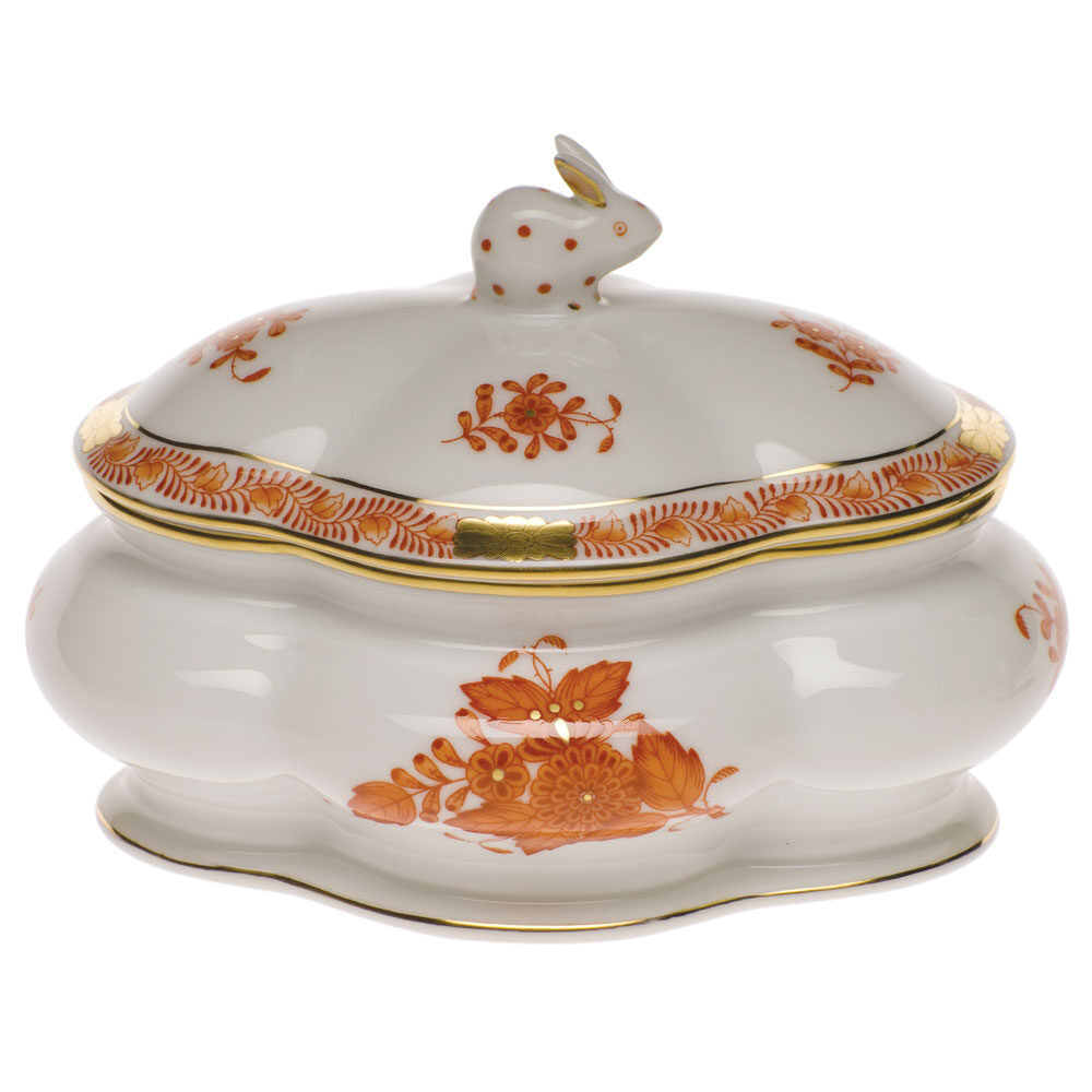 Hand-painted Herend Chinese Bouquet Rust Covered Bonbon with Bunny Candy Dish in fine porcelain, 5in L X 4in H, on a white background