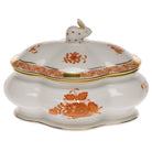 Hand-painted Herend Chinese Bouquet Rust Covered Bonbon with Bunny Candy Dish in fine porcelain, 5in L X 4in H, on a white background