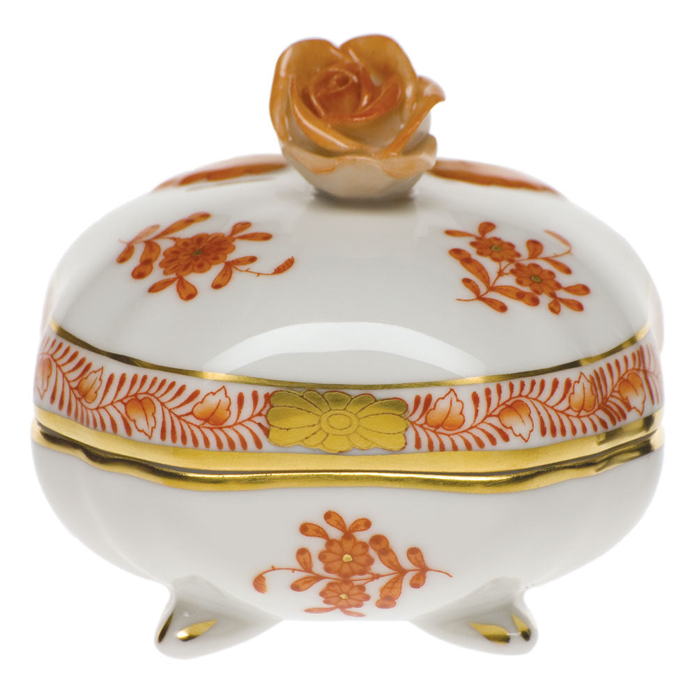 Hand-painted Herend Chinese Bouquet Rust Covered Bonbon with Rose Candy Dish in fine porcelain, 3in SQ, on a white background