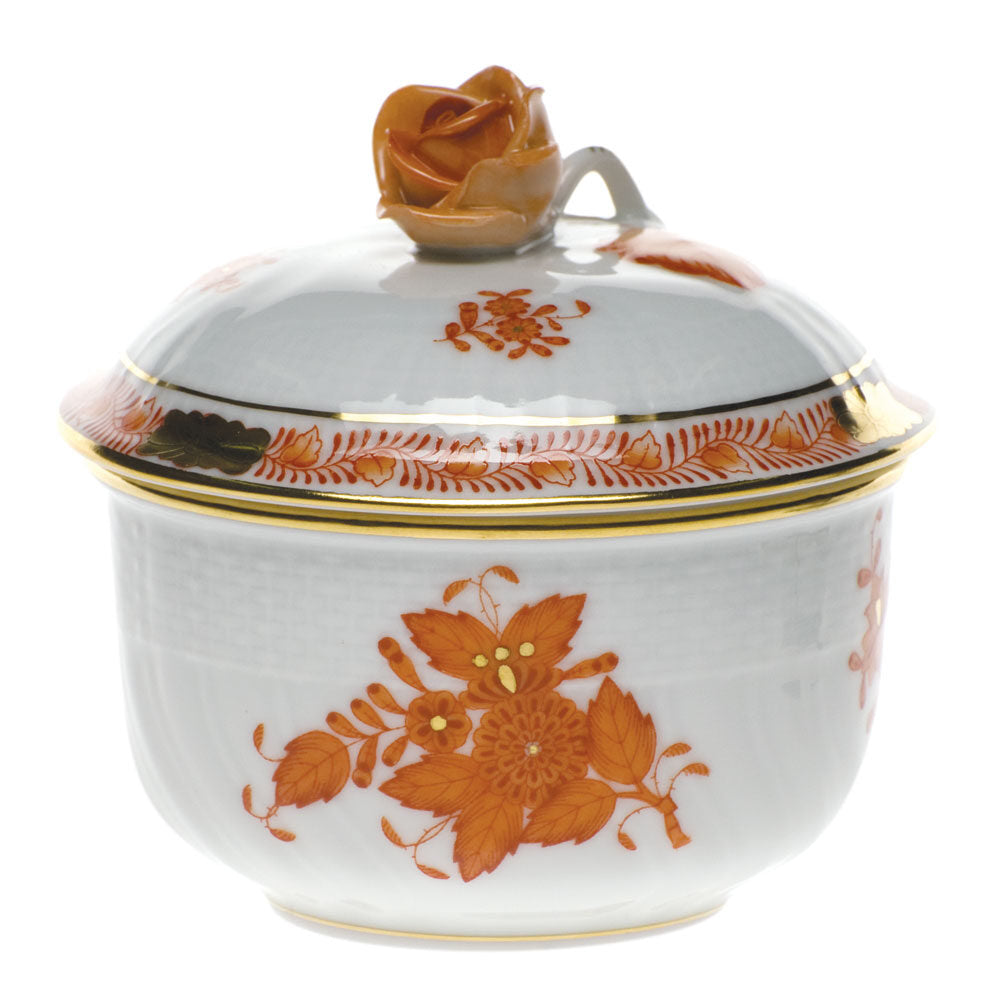 Hand-painted Herend Chinese Bouquet Rust Covered Sugar with Rose Sugar Bowl in fine porcelain, (4 OZ) 3.25in H, on a white background