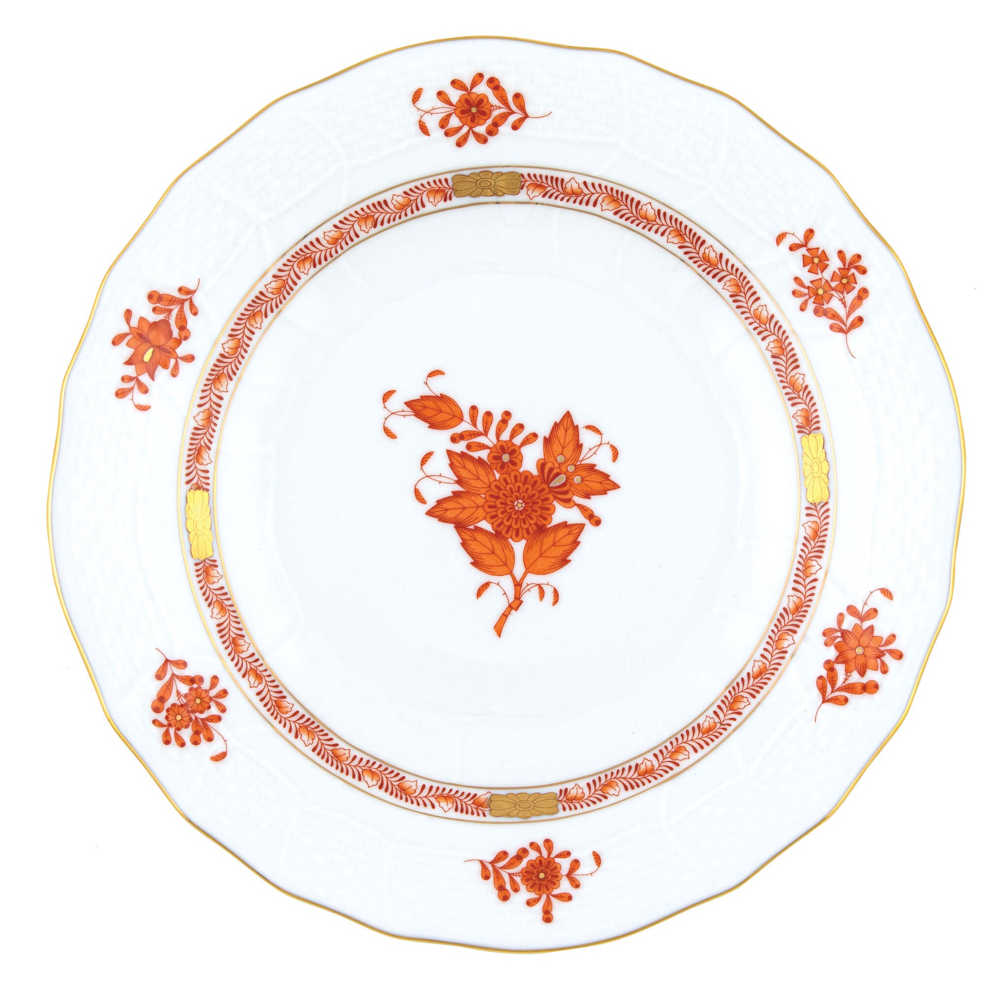 Hand-painted Herend Chinese Bouquet Rust Dessert Plate in fine porcelain, 8.25in D, on a white background