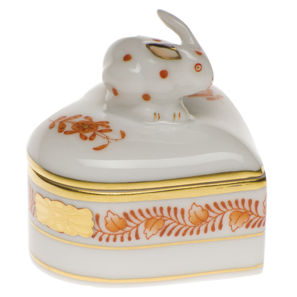 Hand-painted Herend Chinese Bouquet Rust Heart Box with Bunny in fine porcelain, 2in L X 2in W X 2in H, on a white background
