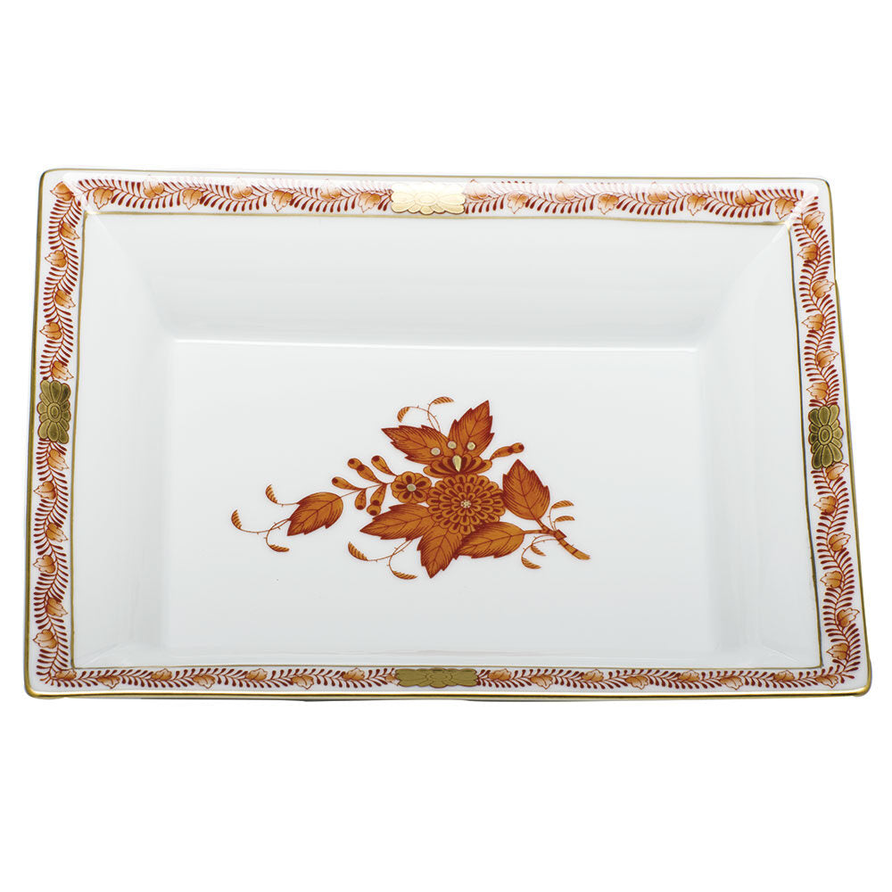 Hand-painted Herend Chinese Bouquet Rust Jewelry Tray Decorative Plate in fine porcelain, 7.5in L X 6.25in W, on a white background