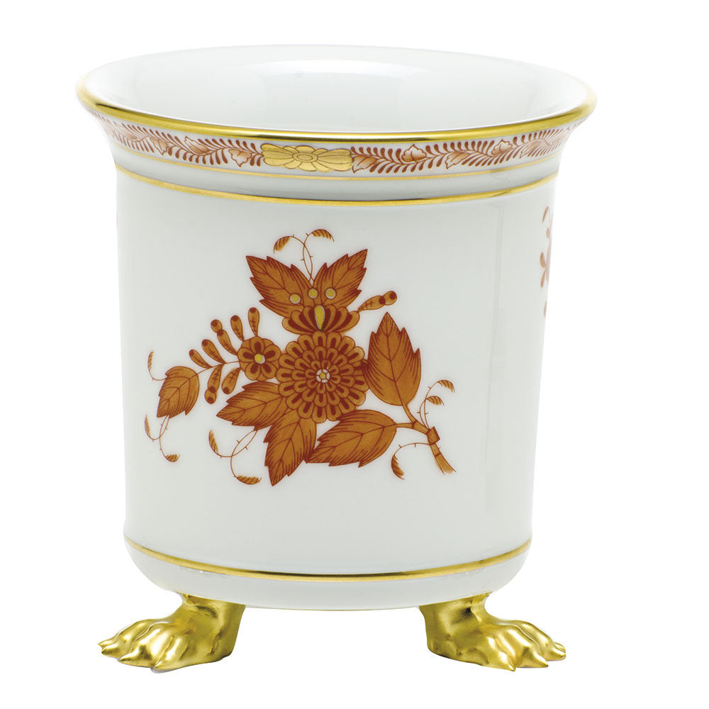 Hand-painted Herend Chinese Bouquet Rust Mini Cachepot with Feet in fine porcelain, 3.75in L X 4in H, on a white background