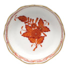 Hand-painted Herend Chinese Bouquet Rust Mini Scalloped Dish Decorative Plate in fine porcelain, 3.25in L X 0.75in H, on a white background