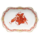 Hand-painted Herend Chinese Bouquet Rust Mini Scalloped Tray Decorative Plate in fine porcelain, 4.25in L X 3in W, on a white background