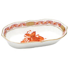 Hand-painted Herend Chinese Bouquet Rust Narrow Pin Dish Decorative Plate in fine porcelain, 5in L X 1in H, on a white background
