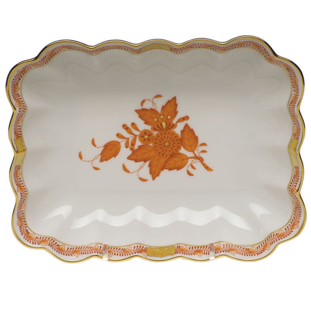 Hand-painted Herend Chinese Bouquet Rust Oblong Dish Decorative Plate in fine porcelain, 7.25in L X 5.5in W X 1.5in H, on a white background