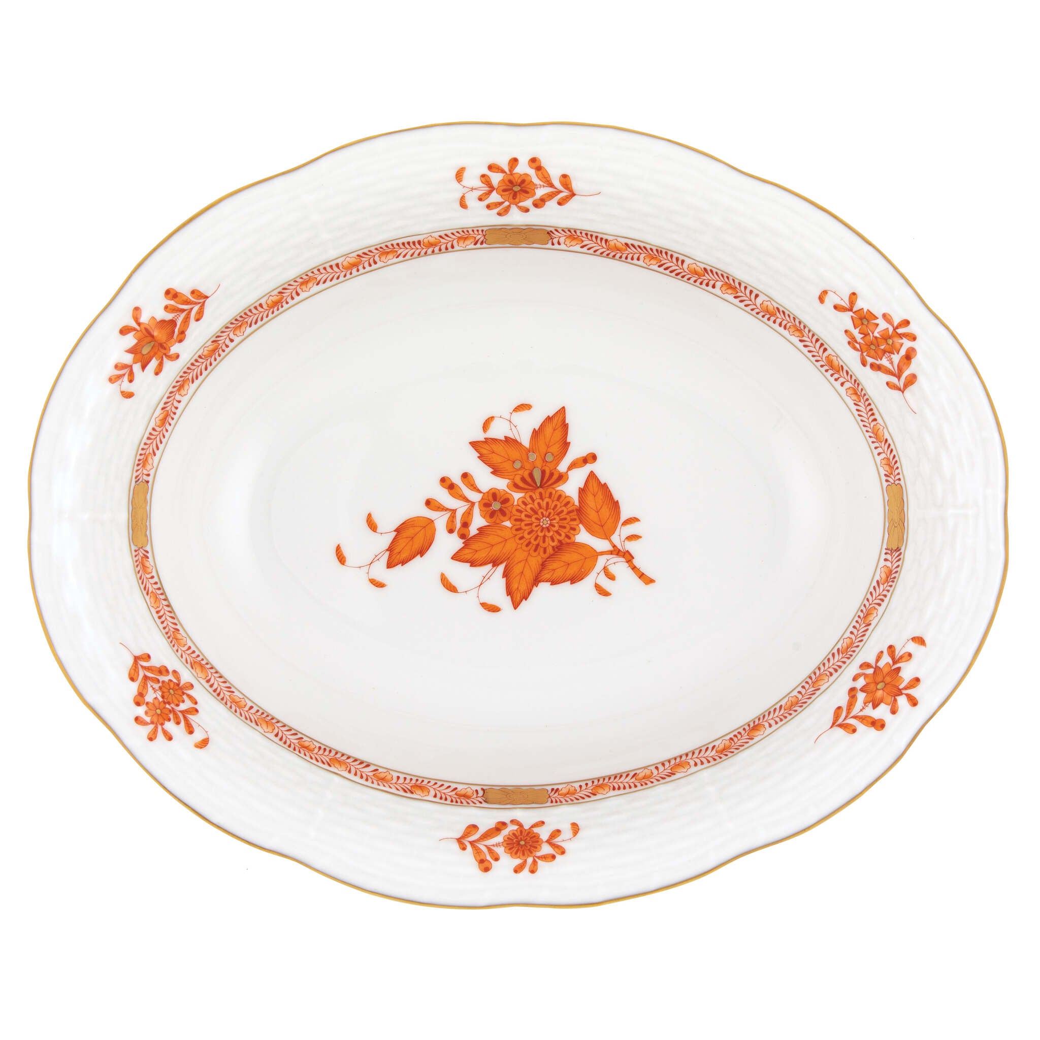 Hand-painted Herend Chinese Bouquet Rust Oval Vegetable Dish Serving Bowl in fine porcelain, 10in L X 8in W, on a white background