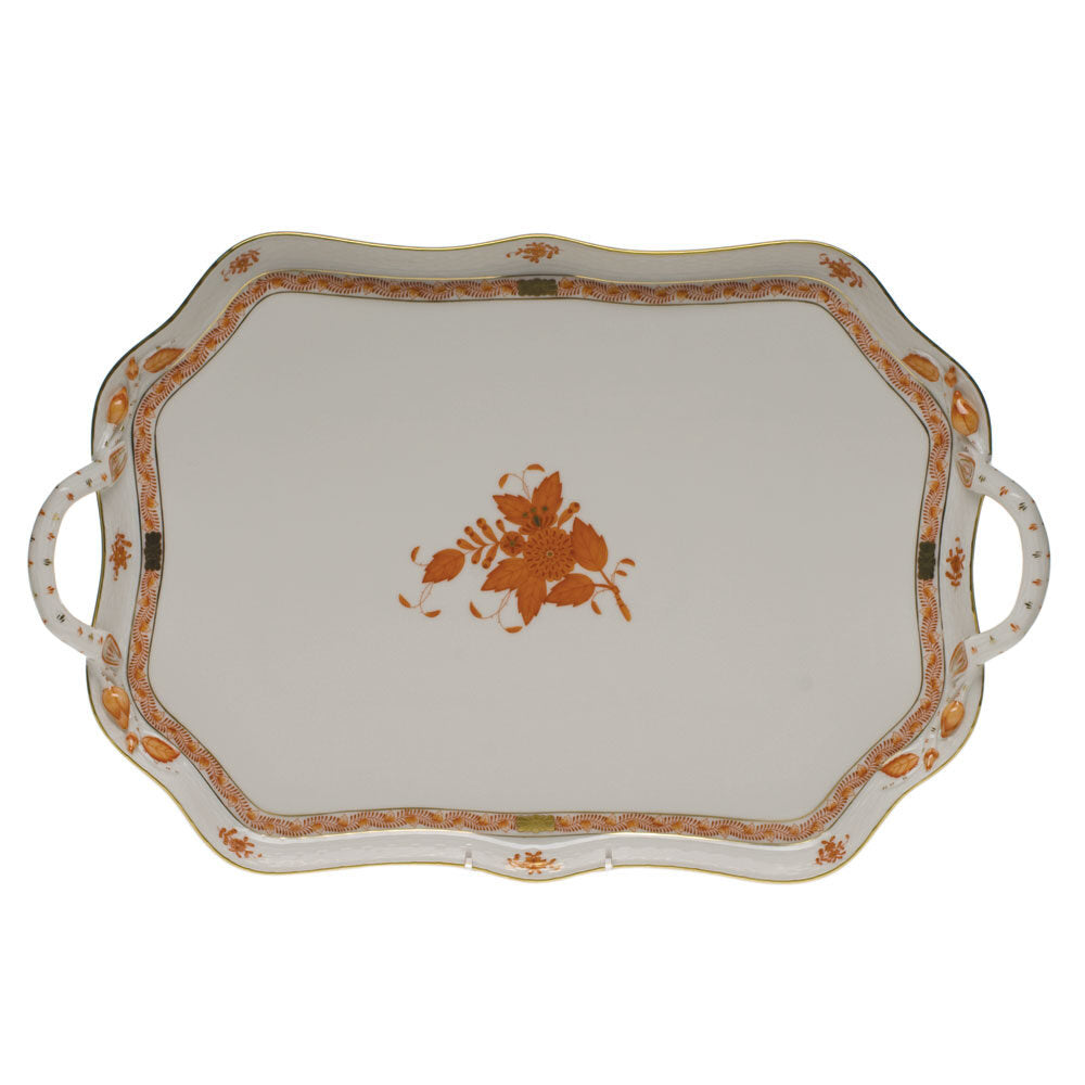 Hand-painted Herend Chinese Bouquet Rust Rec Tray with Branch Handles in fine porcelain, 18in L, on a white background