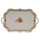 Hand-painted Herend Chinese Bouquet Rust Rec Tray with Branch Handles in fine porcelain, 18in L, on a white background