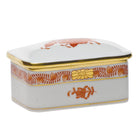 Hand-painted Herend Chinese Bouquet Rust Rectangular Box in fine porcelain, 3in L X 2in W, on a white background