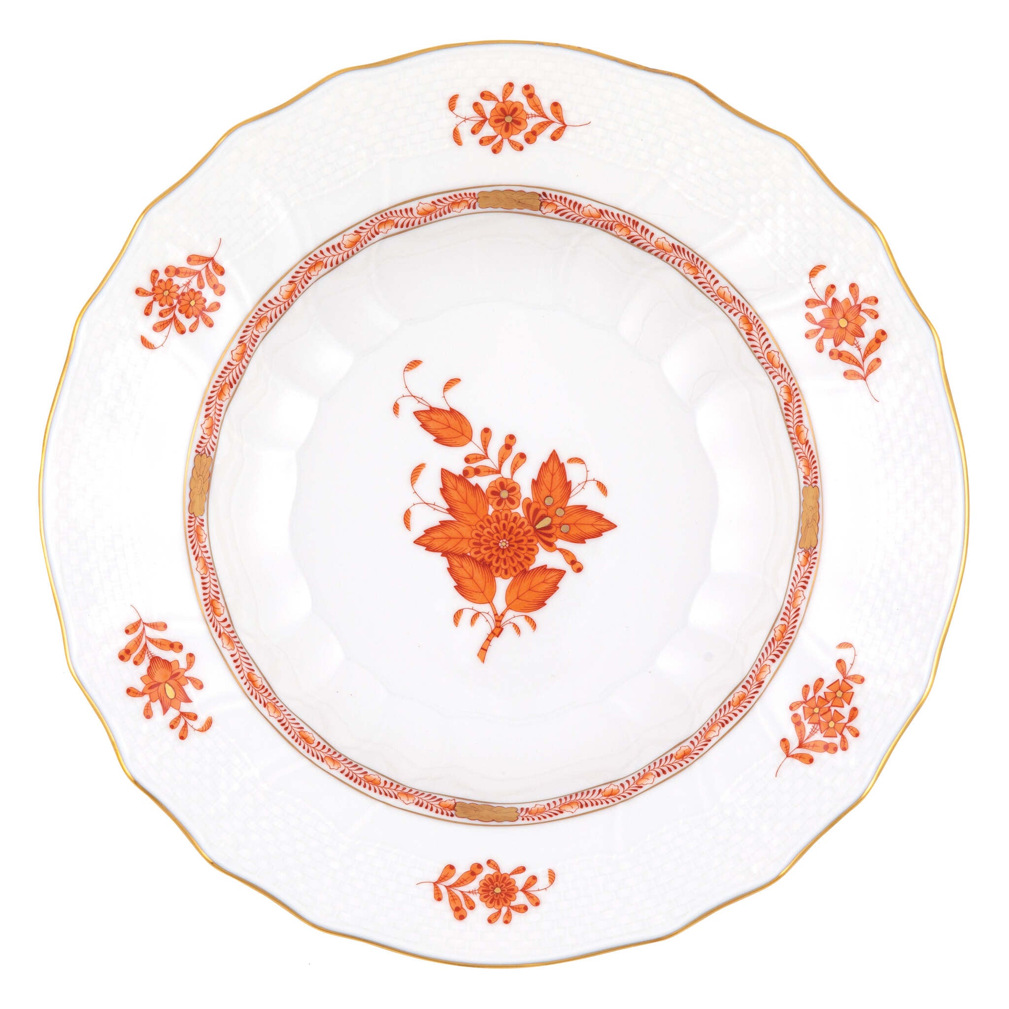 Hand-painted Herend Chinese Bouquet Rust Rim Soup Soup Plates & Rimmed Soup Bowl in fine porcelain, 9.5in D, on a white background