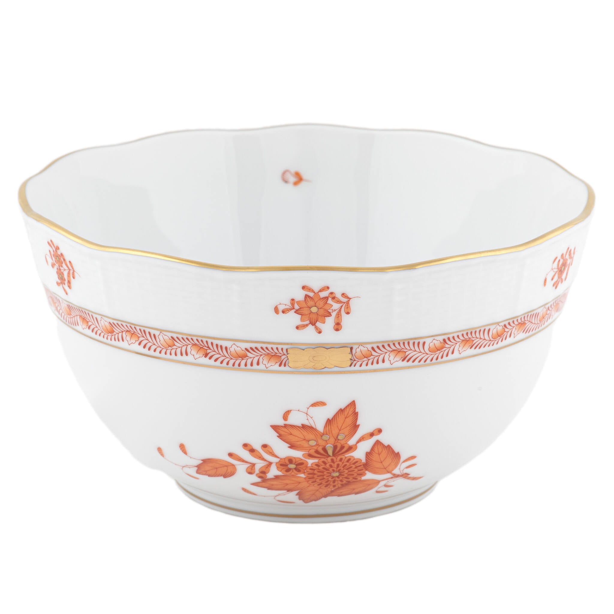 Hand-painted Herend Chinese Bouquet Rust Round Bowl in fine porcelain, (3.5 PT) 7.5in D, on a white background