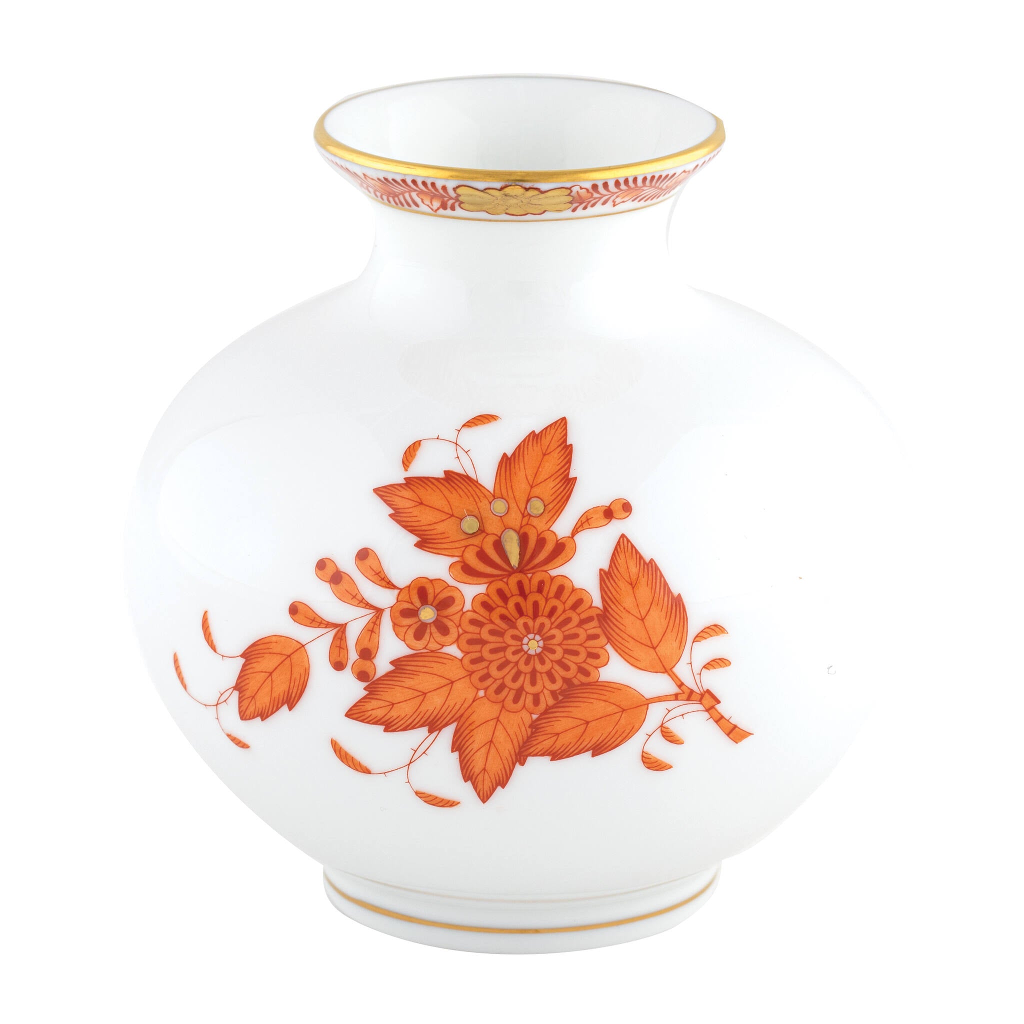 Hand-painted Herend Chinese Bouquet Rust Round Vase in fine porcelain, 4.5in H X 4.5in D, on a white background