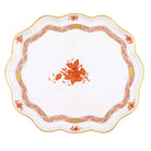 Hand-painted Herend Chinese Bouquet Rust Scallop Tray in fine porcelain, 11.25in L X 9.5in W, on a white background