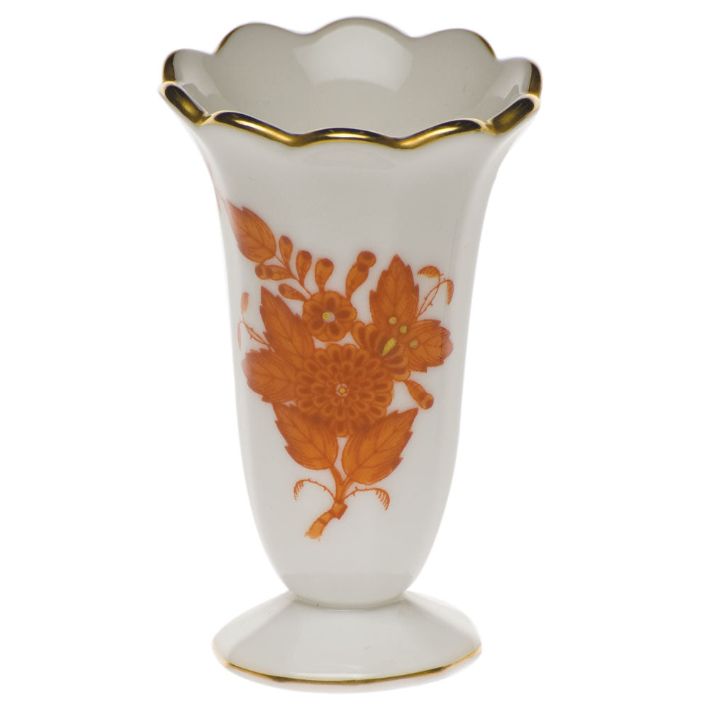 Hand-painted Herend Chinese Bouquet Rust Scalloped Bud Vase in fine porcelain, 2.5in H, on a white background