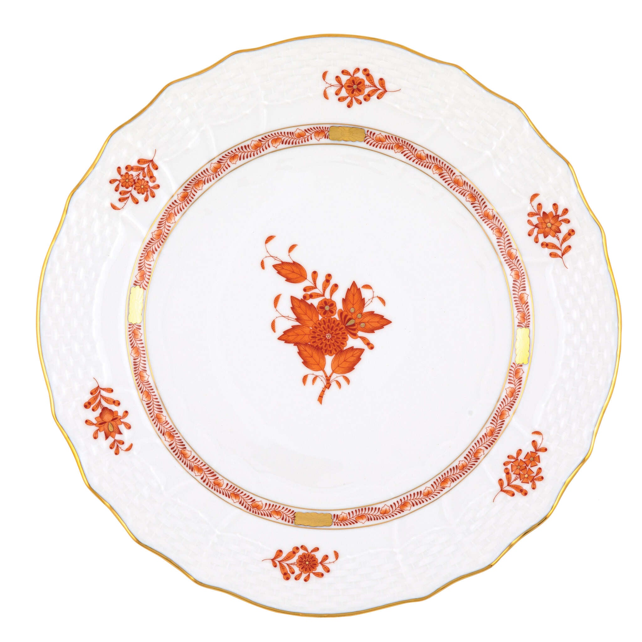 Hand-painted Herend Chinese Bouquet Rust Service Plate in fine porcelain, 11in D, on a white background
