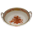 Hand-painted Herend Chinese Bouquet Rust Small Basket with Handles in fine porcelain, 2.75in L X 2.25in W, on a white background