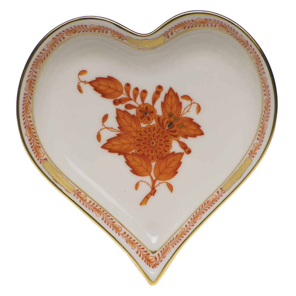 Hand-painted Herend Chinese Bouquet Rust Small Heart Tray Decorative Plate in fine porcelain, 4in L X 4in W, on a white background