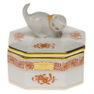 Hand-painted Herend Chinese Bouquet Rust Small Octagonal Box - Cat in fine porcelain, 2.5in L X 2.5in W, on a white background