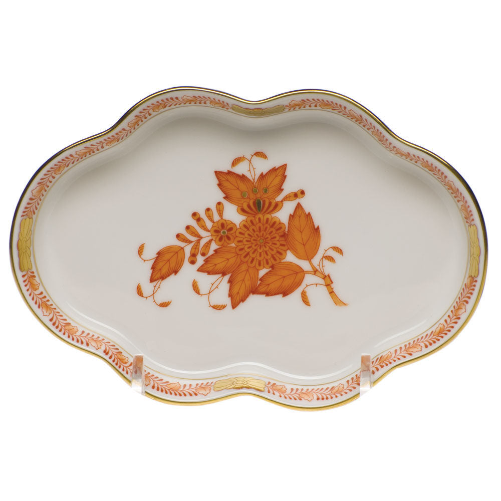 Hand-painted Herend Chinese Bouquet Rust Small Scalloped Tray Decorative Plate in fine porcelain, 5.5in L, on a white background