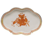 Hand-painted Herend Chinese Bouquet Rust Small Scalloped Tray Decorative Plate in fine porcelain, 5.5in L, on a white background