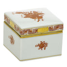 Hand-painted Herend Chinese Bouquet Rust Square Box in fine porcelain, 2.25in L X 2.25in W X 2in H, on a white background