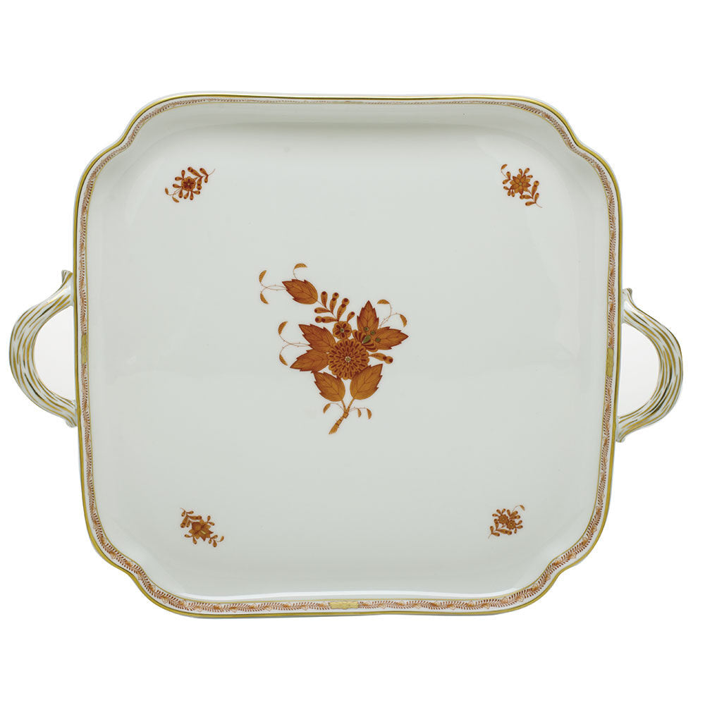 Hand-painted Herend Chinese Bouquet Rust Square Tray with Handles in fine porcelain, 12.75in L X 12.75in W, on a white background