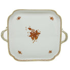 Hand-painted Herend Chinese Bouquet Rust Square Tray with Handles in fine porcelain, 12.75in L X 12.75in W, on a white background