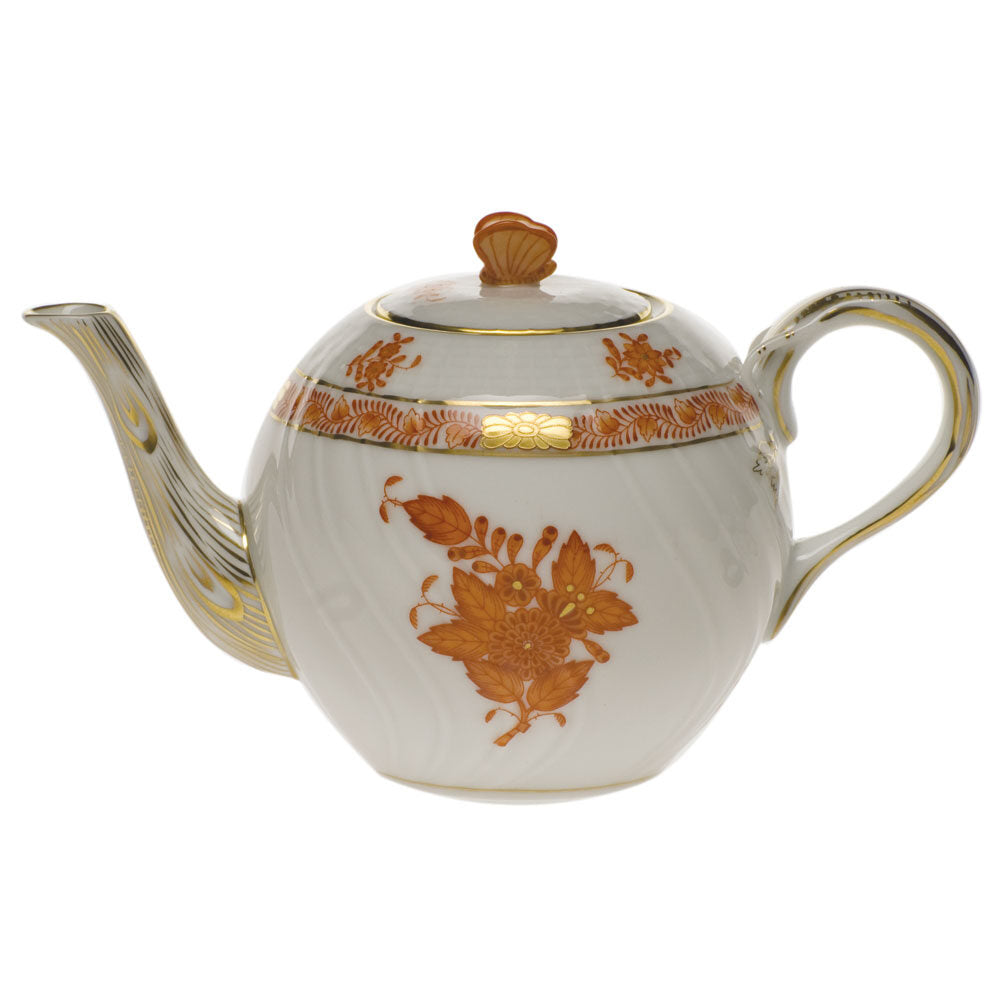 Hand-painted Herend Chinese Bouquet Rust Tea Pot with Butterfly Teapot in fine porcelain, (12 OZ) 4in H, on a white background