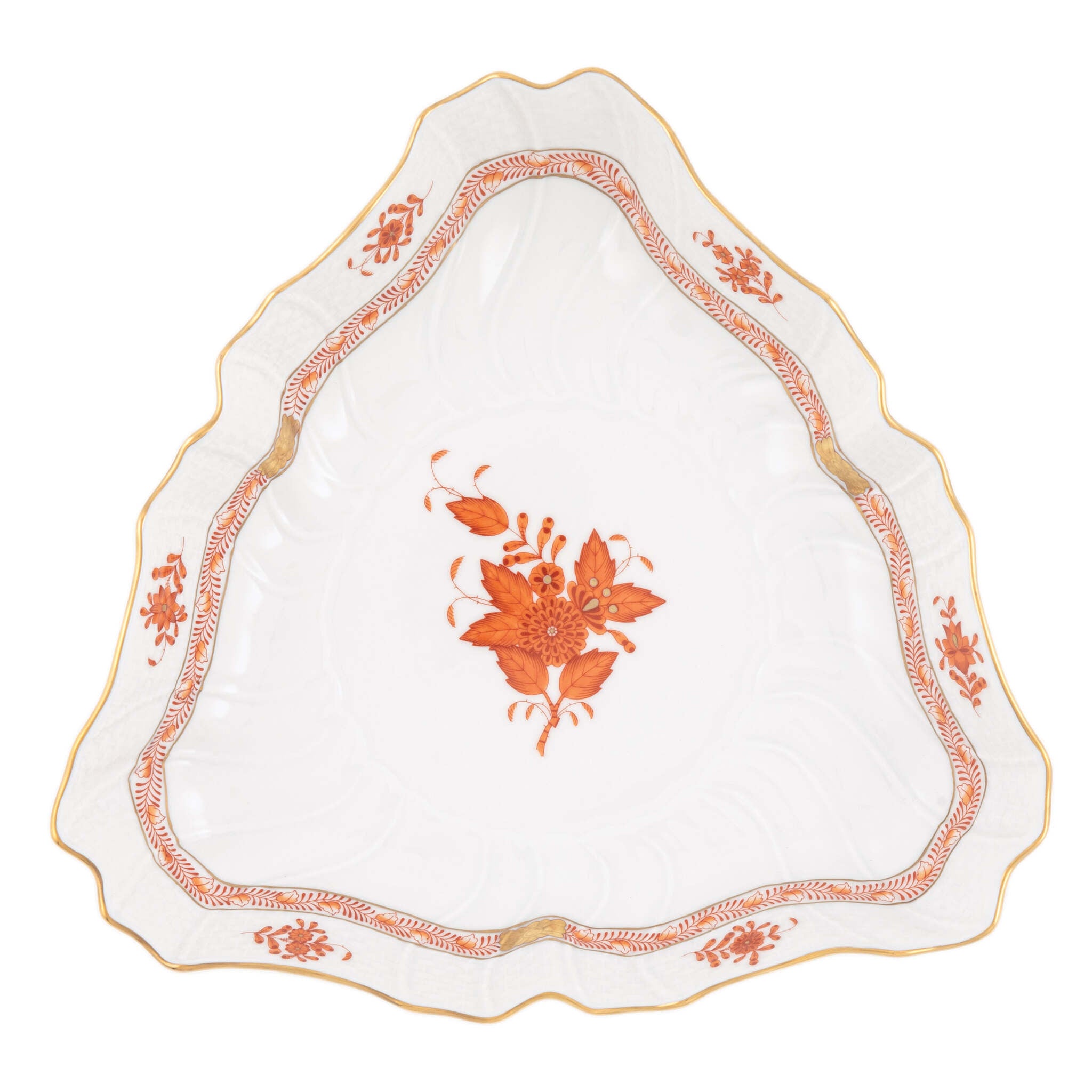 Hand-painted Herend Chinese Bouquet Rust Triangle Dish in fine porcelain, 9.5in L, on a white background